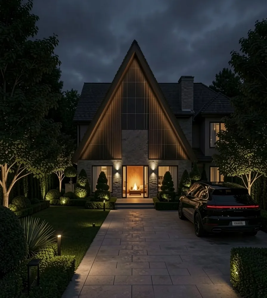 A home at night with its front door lit