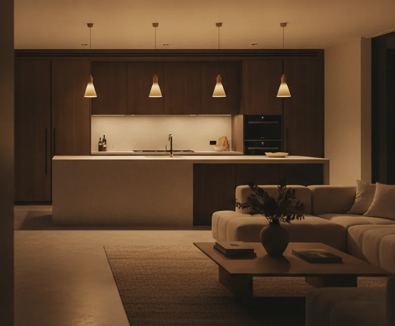 A warm kitchen at night, pendant lights over the island